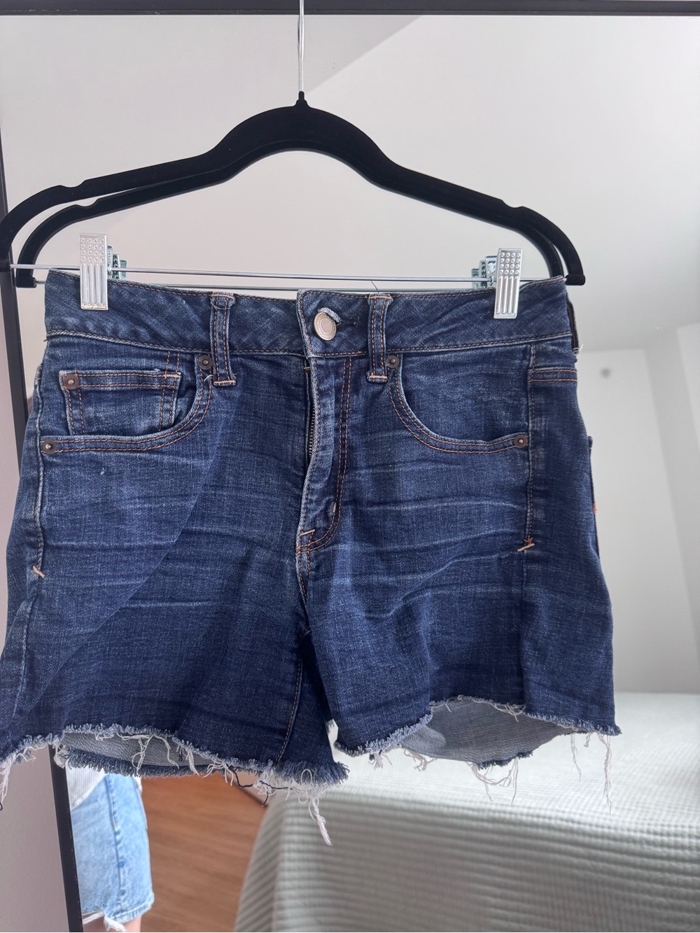 American Eagle Outfitters Dark Blue Frayed Hem Denim Shorts